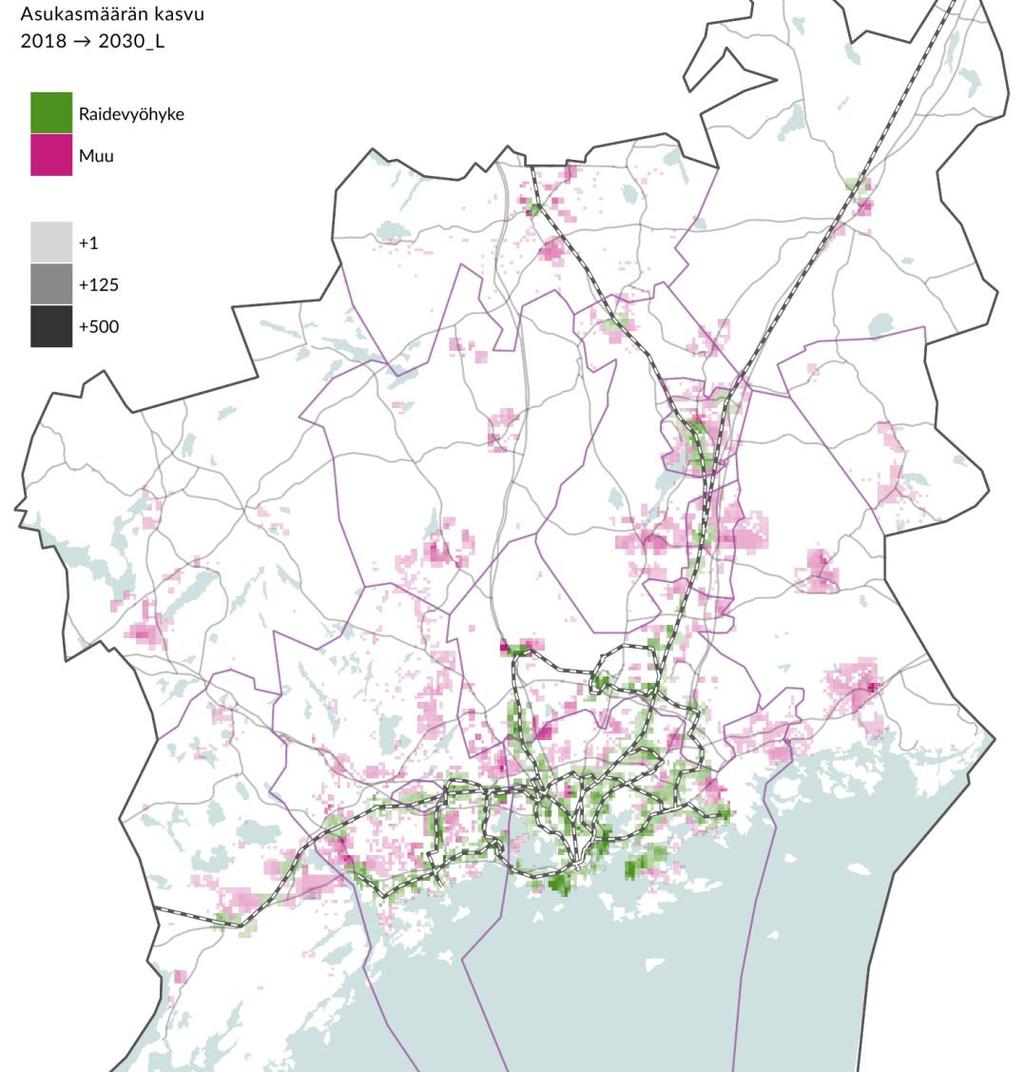 Seudun elinvoimaisuus hyötyy alueellisesta kasautumisesta Uusien asukkaiden sijoittuminen raideliikenteen piiriin 2030 Kasautuminen kuvaavaa osaltaan seudun talouden kehittymismahdollisuuksia ja