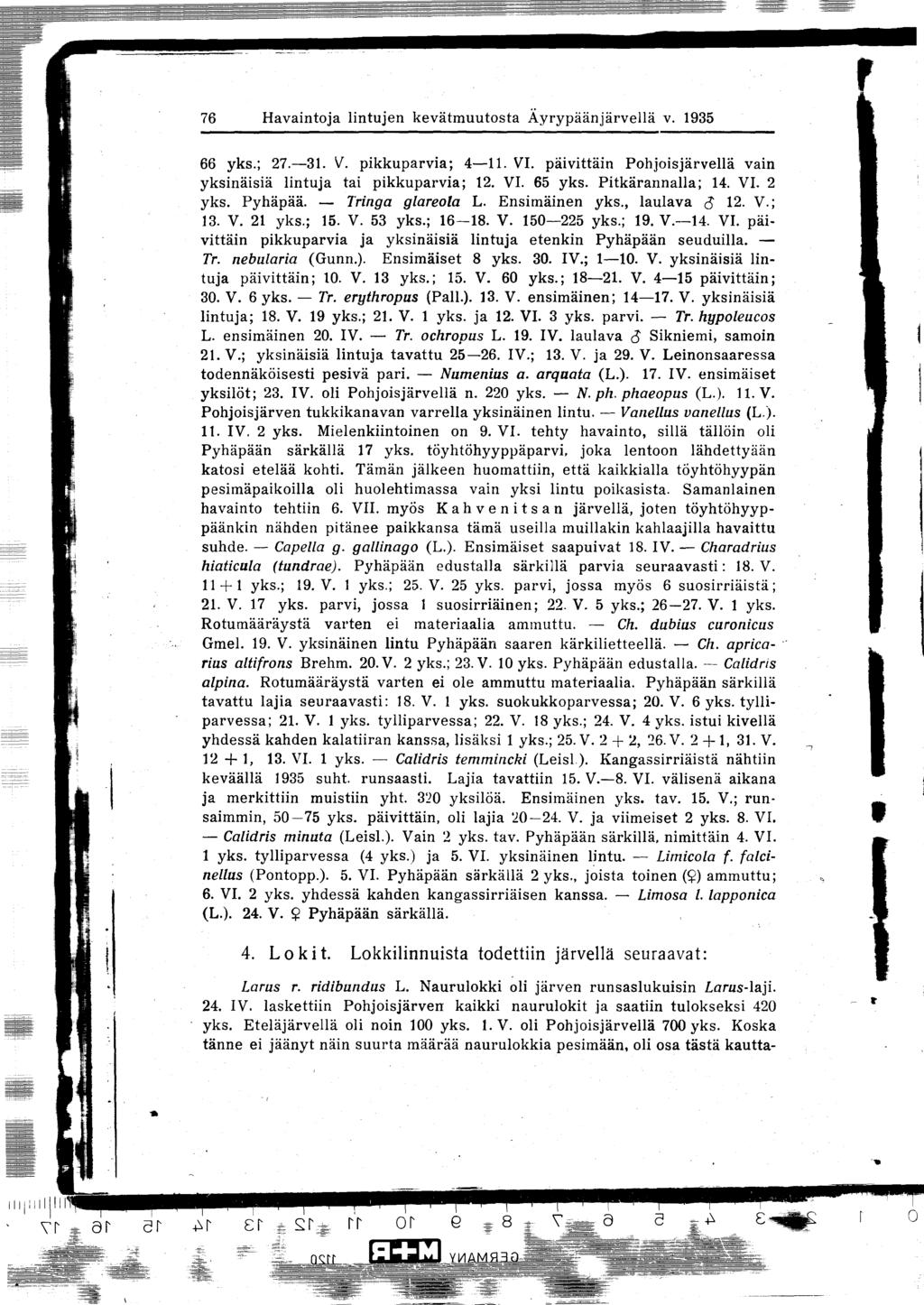 76 Havaintoja lintujen kevätmuutosta Äyrypäänjärvellä v. 1935 66 yks. ; 27.-31. V. pikkuparvia ; 4-11. VI. päivittäin Pohjoisjärvellä vain yksinäisiä lintuja tai pikkuparvia ; 12. VI. 65 yks.