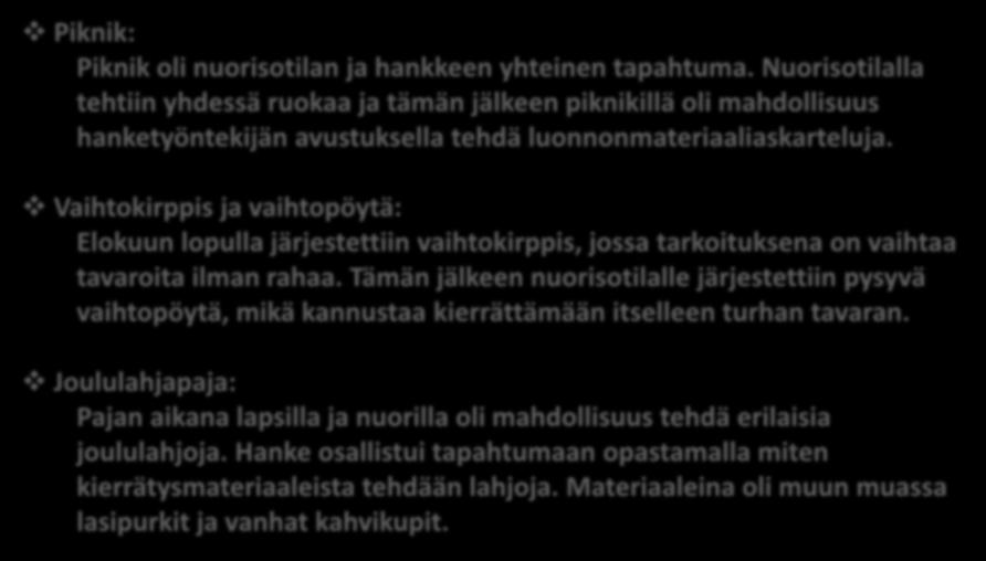 TOTEUTUS: ympäristö Piknik: Piknik oli nuorisotilan ja hankkeen yhteinen tapahtuma.