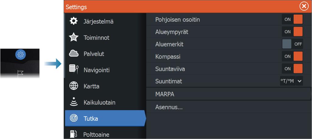 Tutkan asetukset Tutkasymbolit Voit valita, mitkä tutkan lisätoiminnot voi ottaa käyttöön tai poistaa käytöstä yhteisestä valikosta. Lisätietoa on tutkanäytön kuvassa.