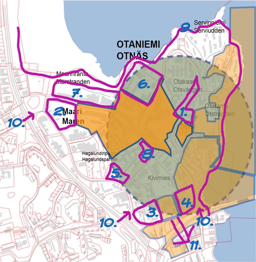 Otaniemi OK, YHTEENVETO 24.11.2015 PAIKAT TOIMINNOT TOIMIJAT KAAVATILANNE 1. TF ja Otakaaren itäpää Asuminen AYY, TF, AYK, Espoon kaupunki Asumisen selvitysaluee 2.