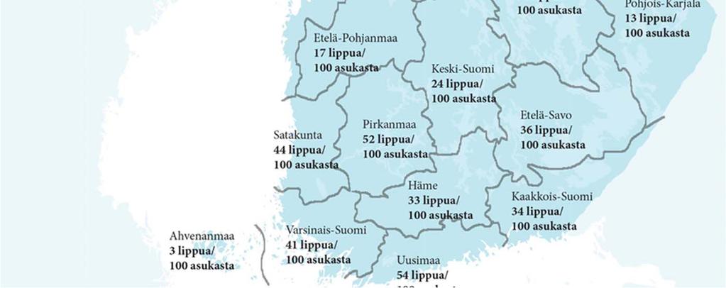 Keskimäärin 40 lippua/ 100 asukasta Suuria