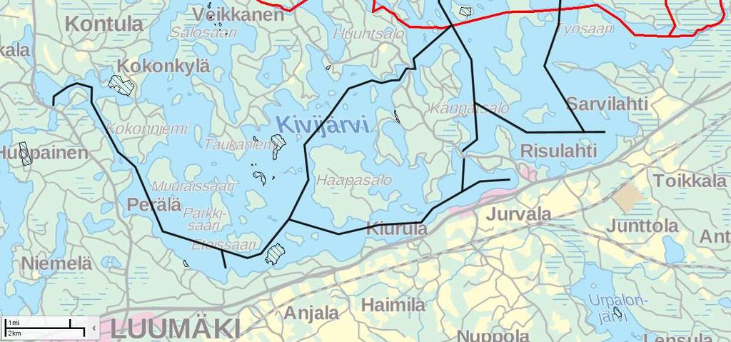 kuuluva suojelualue. Alueet on esitetty kuvassa Kuva 10. 8 9 1 5 4 7 6 2 3 Kuva 10. Luonnonsuojelualueiden sijoittuminen Kivijärveen perustettavien yleisten paikallisväylien läheisyydessä.