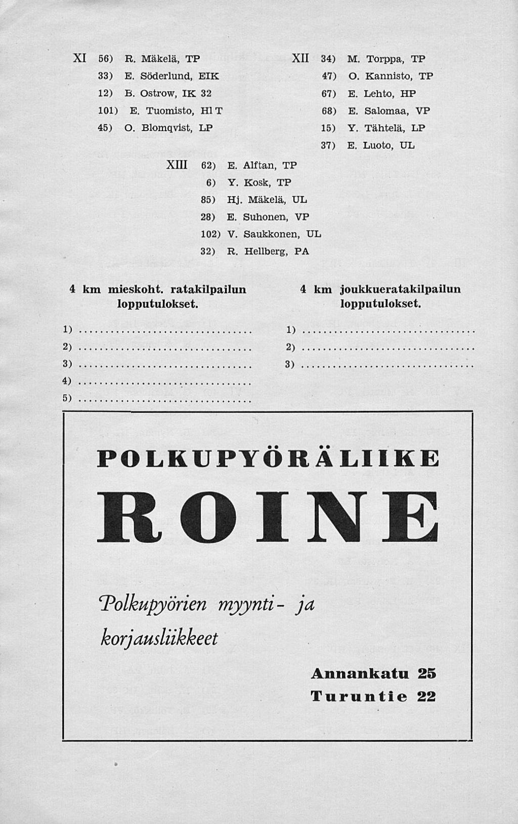 XI 56) R. Mäkelä, TP XII 34) M. Torppa, TP 33) E. Söderlund, EIK 47) O. Kannisto, TP 12) B. Ostrow, IX 32 67) E. Lehto, HP 101) E. Tuomisto, Hl T 68) E. Salomaa, VP 45) O. Blomqvist, LP 15) Y.