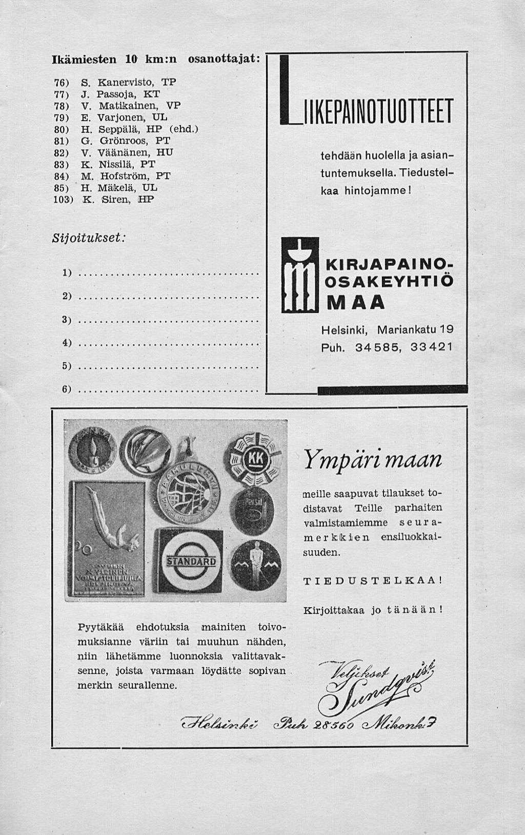 Ikämiesten 10 km:n osanottajat 76) S. Kanervisto, TP 77) J. Passoja, KT 78) V. Matikainen, VP 79) E. Varjonen, UL 80) H. Seppälä, HP (ehd.) 81) G. Grönroos, PT 82) V. Väänänen, HU 83) K.