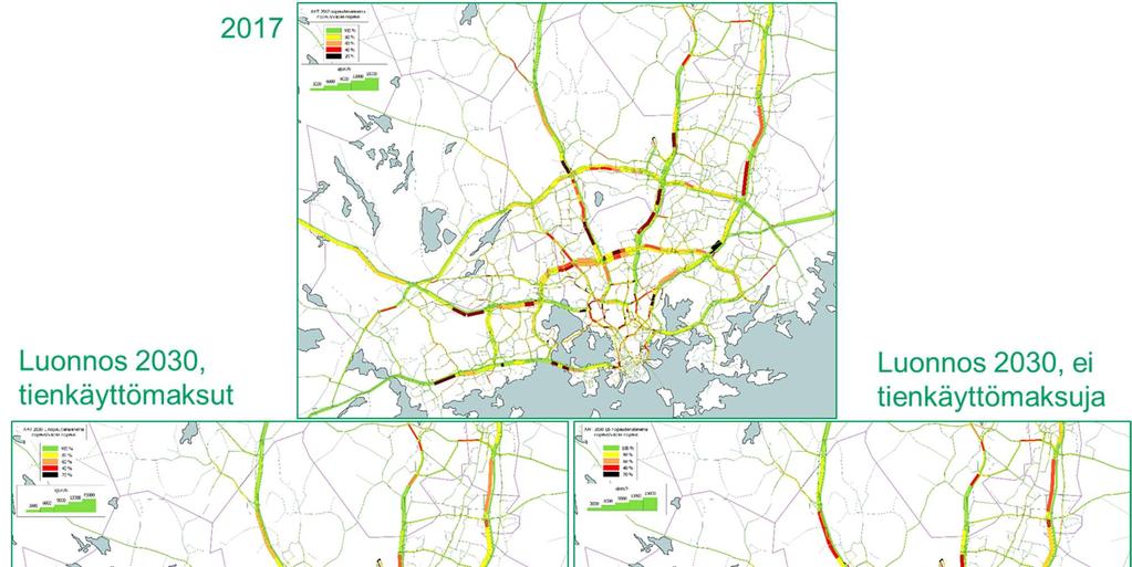 48 Kuva 22. Tie- ja katuverkon ruuhkautuminen aamuhuipputunnissa 2017, 2030 tiemaksuilla ja 2030 ilman tiemaksuja (musta/punainen kuvaa ruuhkaisia kohtia, vihreä ruuhkattomia kohtia).