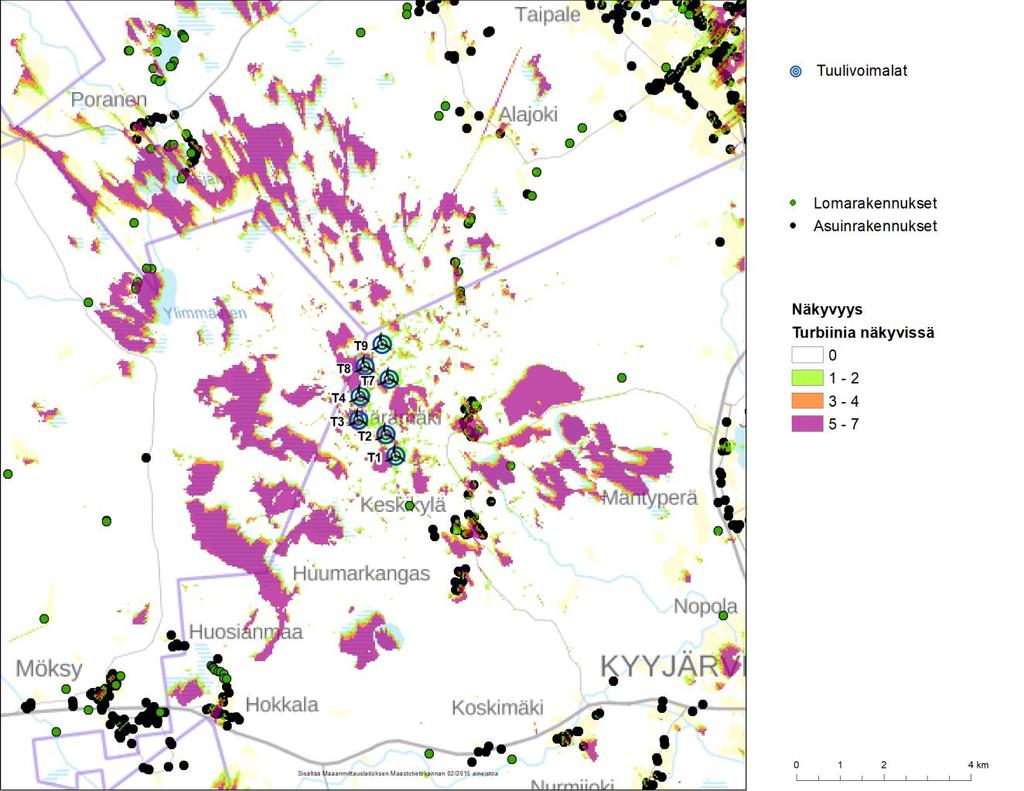 4 Näkyvyysanalyysi Näkyvyysanalyysissä selvitettiin, mistä kohdin ympäröiviä alueita suunnitellut tuulivoimalat on mahdollista havaita.
