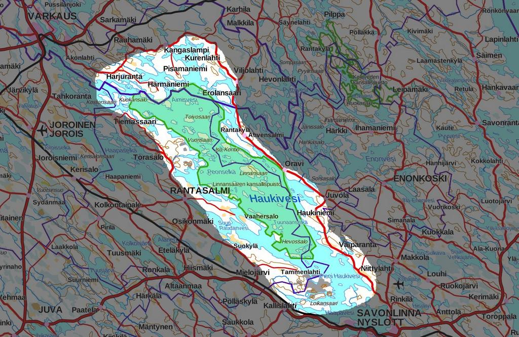 Kuva 1. Haukiveden kartta, tutkimusalue on merkitty vihreällä.