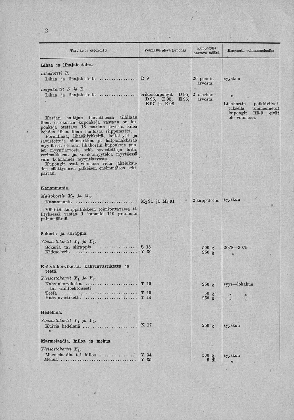 J 2 Tarvike ja ostokortti Voimassa oleva kuponki Po g Kupongin voimassaoloaika Lihaa ja lihajalosteita. Lihakortti B. Lihaa ja lihajalosteita R 9 20 pennin syyskuu arvosta Leipäkortit D ja E.