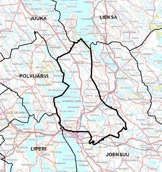 4 1 LÄHTÖKOHDAT 1.1 Seudulliset ja väestölliset lähtökohdat Kontiolahden kunta sijaitsee aivan Joensuun kaupungin rajanaapurina. Muita rajanaapureita ovat Liperi, Polvijärvi, Juuka ja Lieksa.