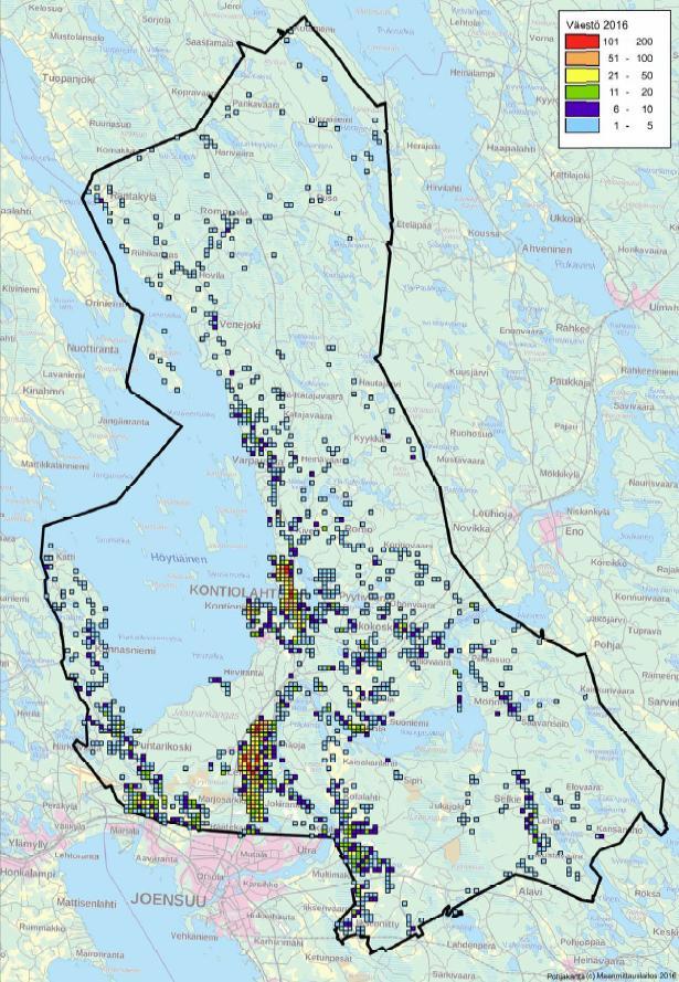 5 Kuva 2. Kontiolahden väestön sijoittuminen v. 2016. Ruutukoko 250 m X 250 m. Lähde: Kontiolahden palvelutarveselvityksen päivitys 2017.