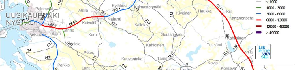 Kalannin keskustasta Laitilan suuntaan kuljettaessa liikenne vähenee.