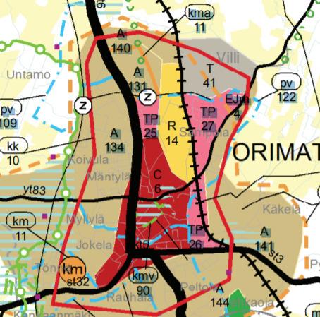 Lisäksi alueelle on osoitettu merkinnät Orimattilan keskustan kehittämisen kohdealue (kk10), kaupunkialue (ka5) ja Sikosuon pohjavesialue (pv122). Kuva 2.