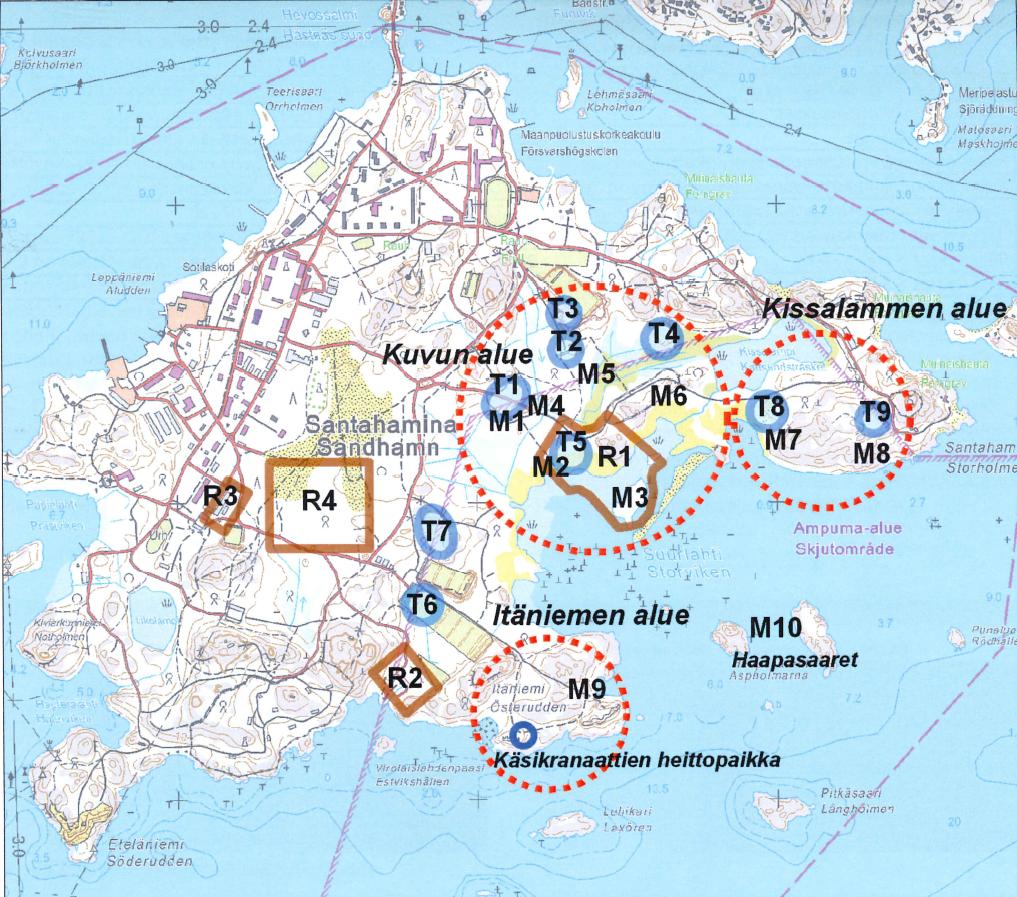 3 (12) Kuva 1. Raskasaseammuntojen suorituspaikat: tuliasema-alueet T1T9, maalialueet M1-M10 sekä räjäytysalueet R1-R4.