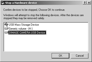 Windows Me, 2000 Professional, and XP Kameran irrottaminen: näpäytä vasemmalla hiiren painikkeella kuvaketta unplug-oreject-hardware tehtäväpalkista.