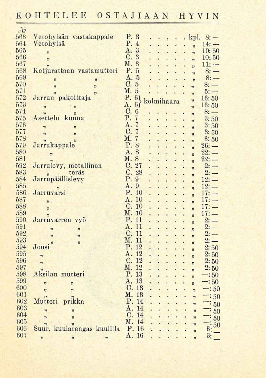 kpl - KOHTELEE OSTAJIAAN HYVIN M 563 Yetohylsän Vastakappale P 3, 8: 564 Yetohylsä P 4 14: 565, A 3 10; 50 566 C 3 10:50 567 M 3 11: 568 Ketjurattaan yastamutteri P 5 8: 569,, A 5 8:- 570 C 5, 8: s*l