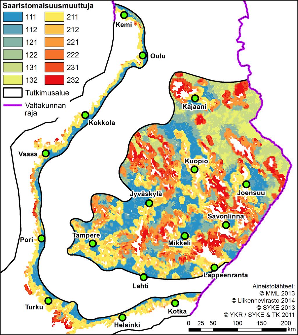 Saaristomaisten alueiden tunnistaminen Saavutettavuus-, syrjäisyys- ja rantavyöhyke muuttujat yhdistetään Muuttujat koodattu 12