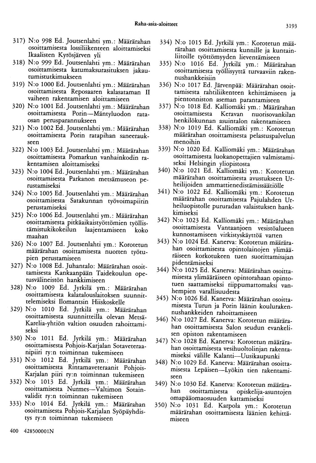 Raha-asia-aloitteet 3193 317) N:o 998 Ed. Joutsenlahti ym.: Määrärahan osoittamisesta lossiliikenteen aloittamiseksi Ikaalisten Kyrösjärven yli 318) N:o 999 Ed. Joutsenlahti ym.: Määrärahan osoittamisesta katumaksurasituksen jakautumistu tkimukseen 319) N: o 1000 Ed.