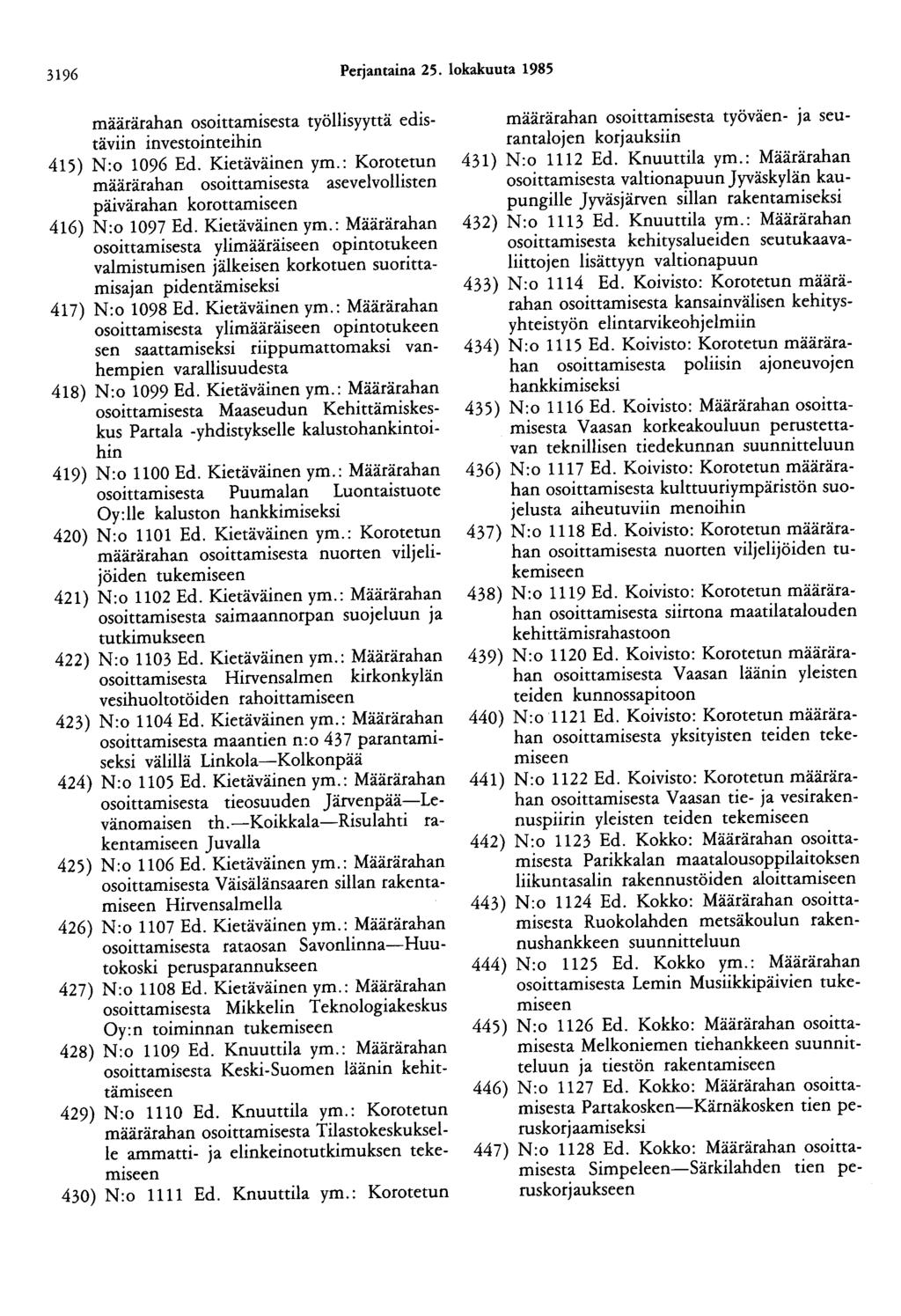 3196 Perjantaina 25. lokakuuta 1985 määrärahan osoittamisesta työllisyyttä edistäviin investointeihin 415) N:o 1096 Ed. Kietäväinen ym.