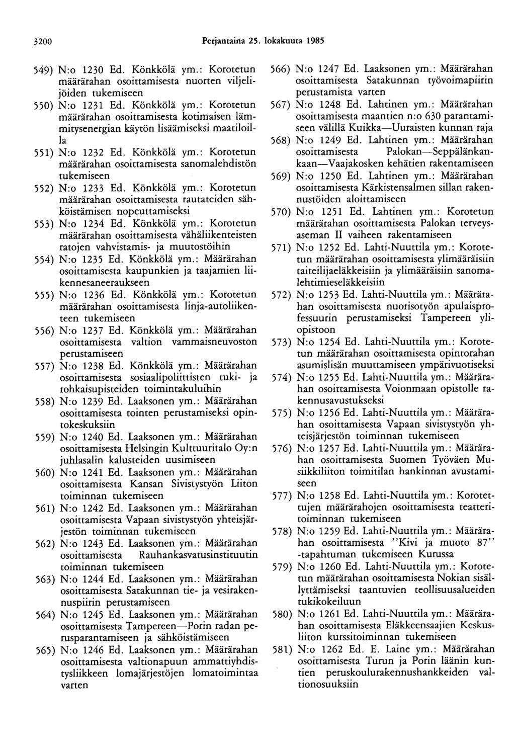 3200 Perjantaina 25. lokakuuta 1985 549) N:o 1230 Ed. Könkkölä ym.: Korotetun määrärahan osoittamisesta nuorten viljelijöiden 550) N:o 1231 Ed. Könkkölä ym.: Korotetun määrärahan osoittamisesta kotimaisen lämmitysenergian käytön lisäämiseksi maatiloilla 551) N:o 1232 Ed.
