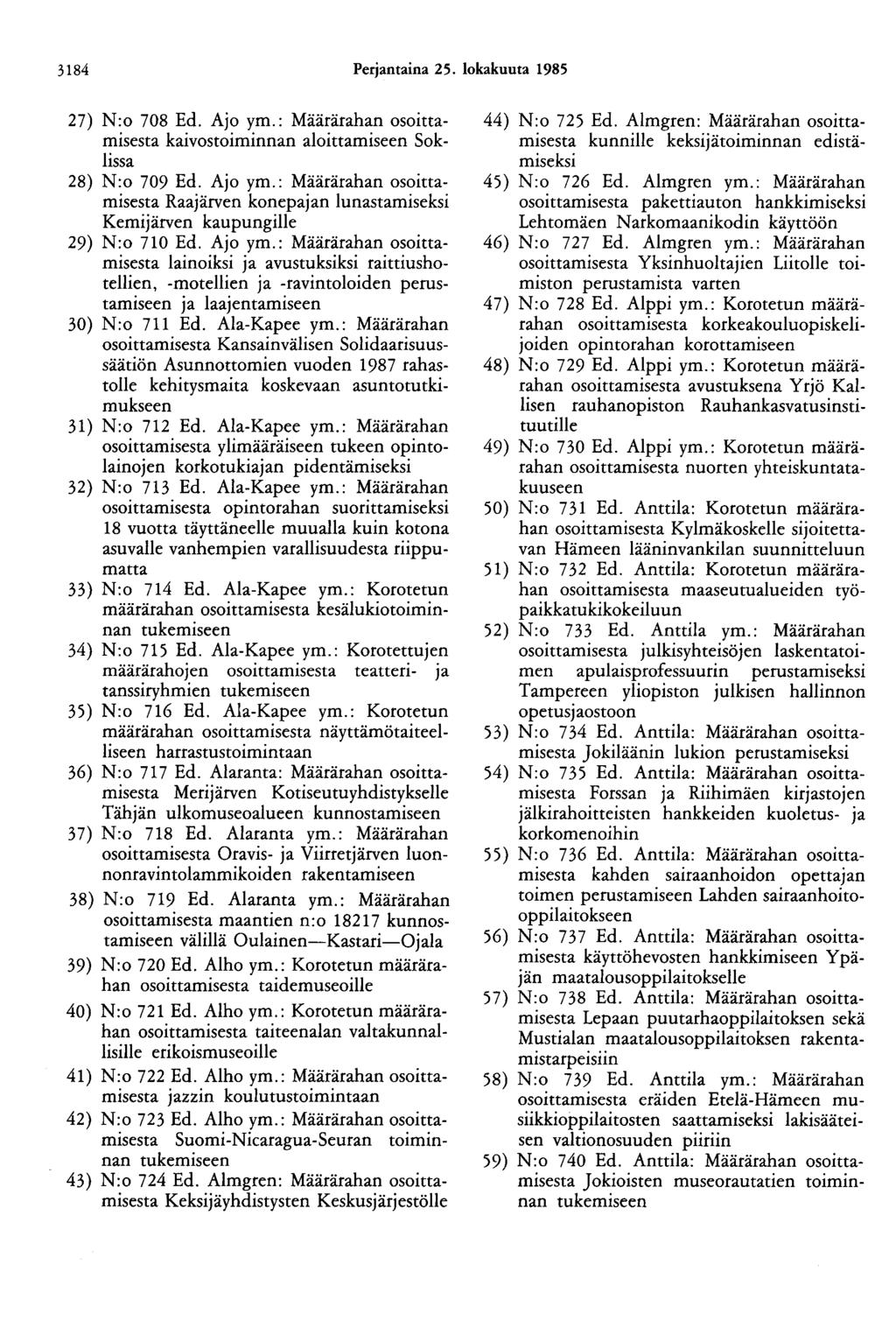 3184 Perjantaina 25. lokakuuta 1985 27) N:o 708 Ed. Ajo ym.: Määrärahan osoittamisesta kaivostoiminnan aloittamiseen Soklissa 28) N:o 709 Ed. Ajo ym.: Määrärahan osoittamisesta Raajärven konepajan lunastamiseksi Kemijärven kaupungille 29) N:o 710 Ed.