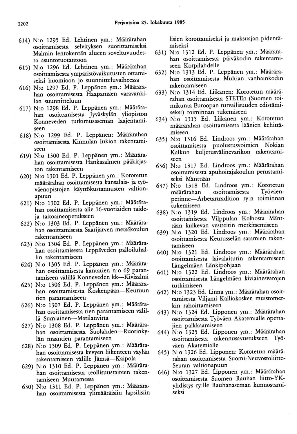 3202 Perjantaina 25. lokakuuta 1985 614) N:o 1295 Ed. Lehtinen ym.: Määrärahan osoittamisesta selvityksen suorittamiseksi Malmin lentokentän alueen soveltuvuudesta asuntotuotantoon 615) N:o 1296 Ed.
