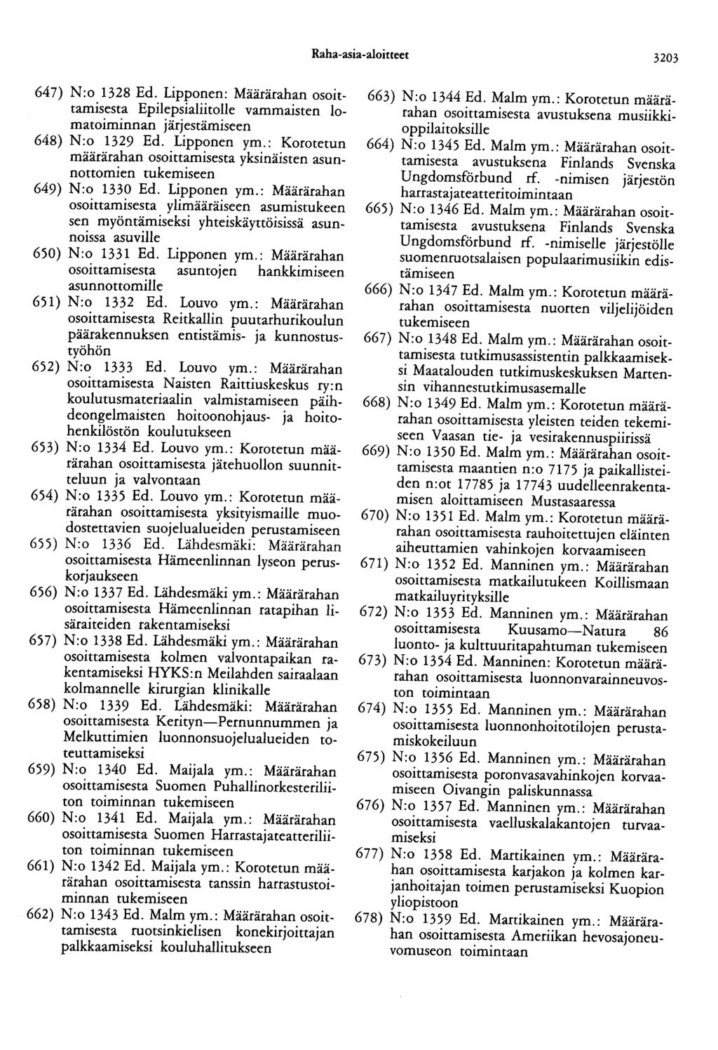 Raha-asia-aloitteet 3203 647) N:o 1328 Ed. Lipponen: Määrärahan osoittamisesta Epilepsialiitolle vammaisten lomatoiminnan järjestämiseen 648) N:o 1329 Ed. Lipponen ym.