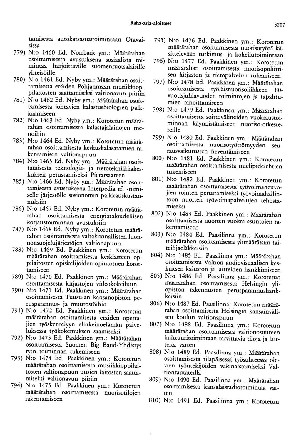 Raha-asia-aloitteet 3207 tamisesta autokatsastustoimintaan Oravaisissa 779) N:o 1460 Ed. Norrback ym.