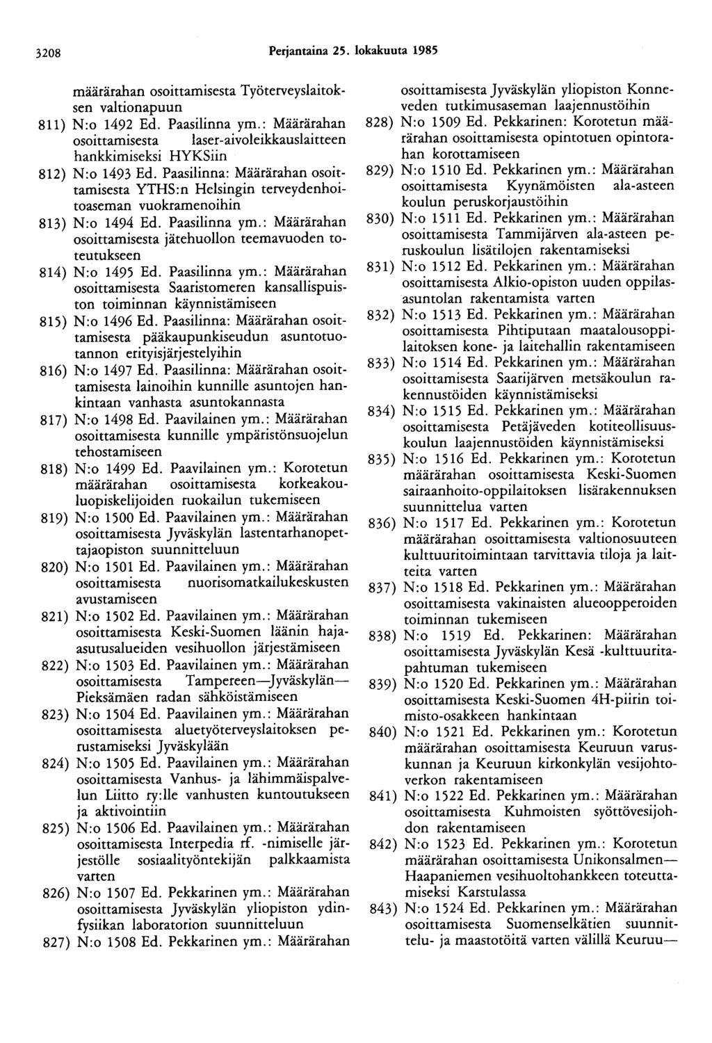3208 Perjantaina 25. lokakuuta 1985 määrärahan osoittamisesta Työterveyslaitoksen valtionapuun 811) N:o 1492 Ed. Paasilinna ym.