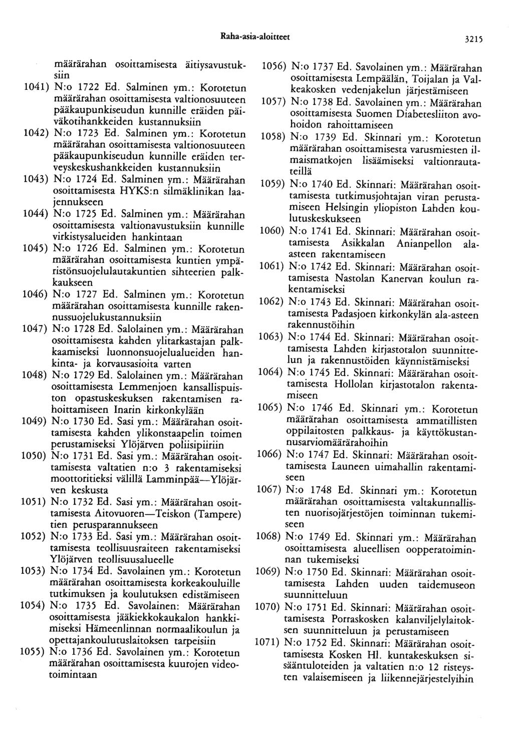 Raha-asia-aloitteet 3215 määrärahan osoittamisesta äitiysavustuksiin 1041) N:o 1722 Ed. Salminen ym.