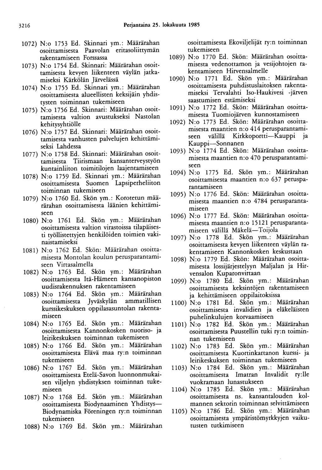 3216 Perjantaina 25. lokakuuta 1985 1072) N:o 1753 Ed. Skinnari ym.: Määrärahan osoittamisesta Paavolan eritasoliittymän rakentamiseen Forssassa 1073) N:o 1754 Ed.