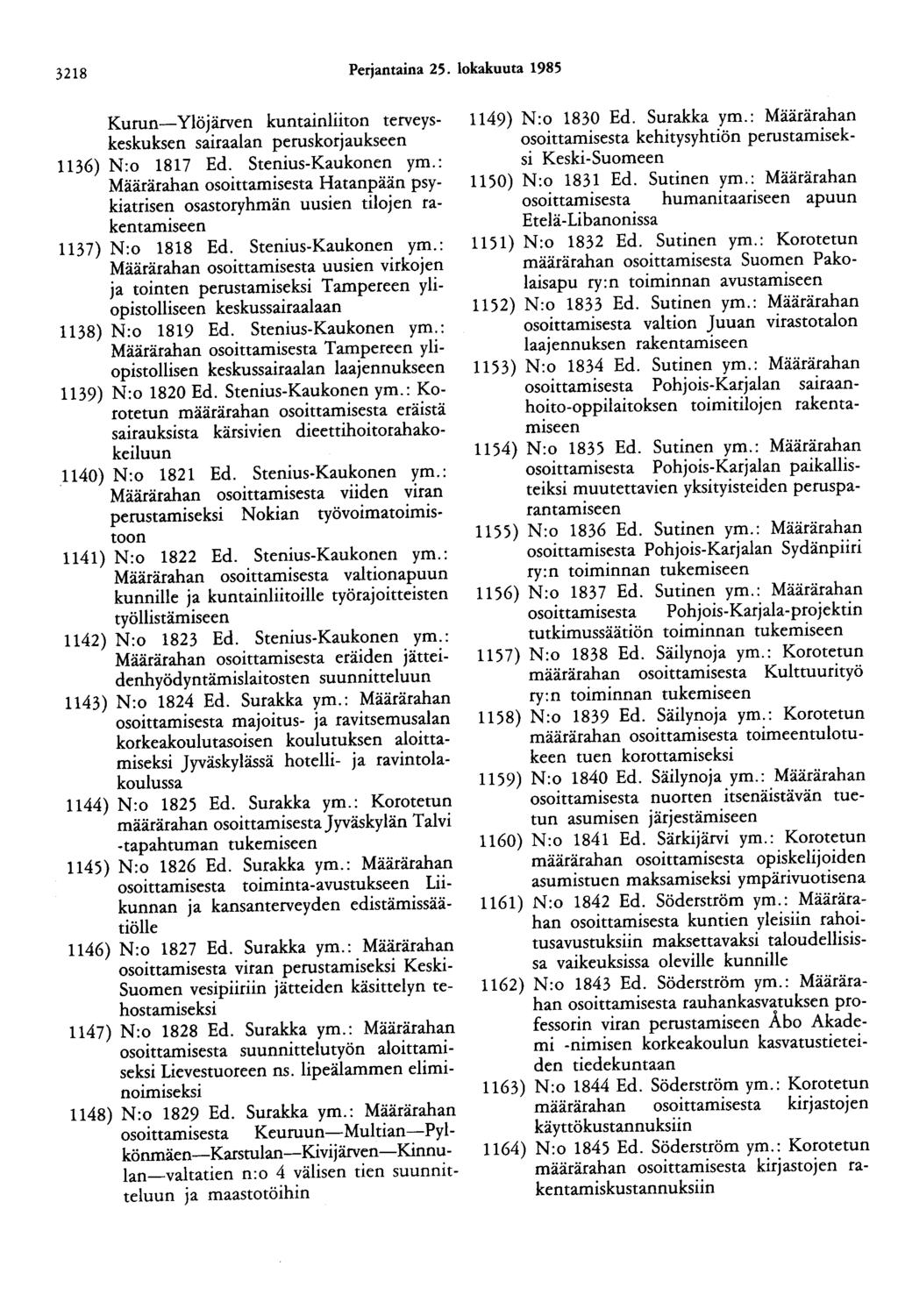 3218 Perjantaina 25. lokakuuta 1985 Kurun-Ylöjärven kuntainliiton terveyskeskuksen sairaalan peruskorjaukseen 1136) N:o 1817 Ed. Stenius-Kaukonen ym.