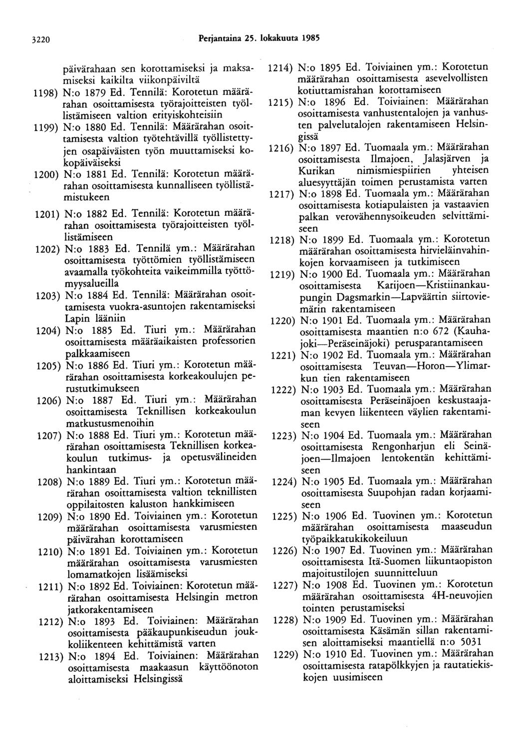 3220 Perjantaina 25. lokakuuta 1985 päivärahaan sen korottamiseksi ja maksamiseksi kaikilta viikonpäiviltä 1198) N:o 1879 Ed.