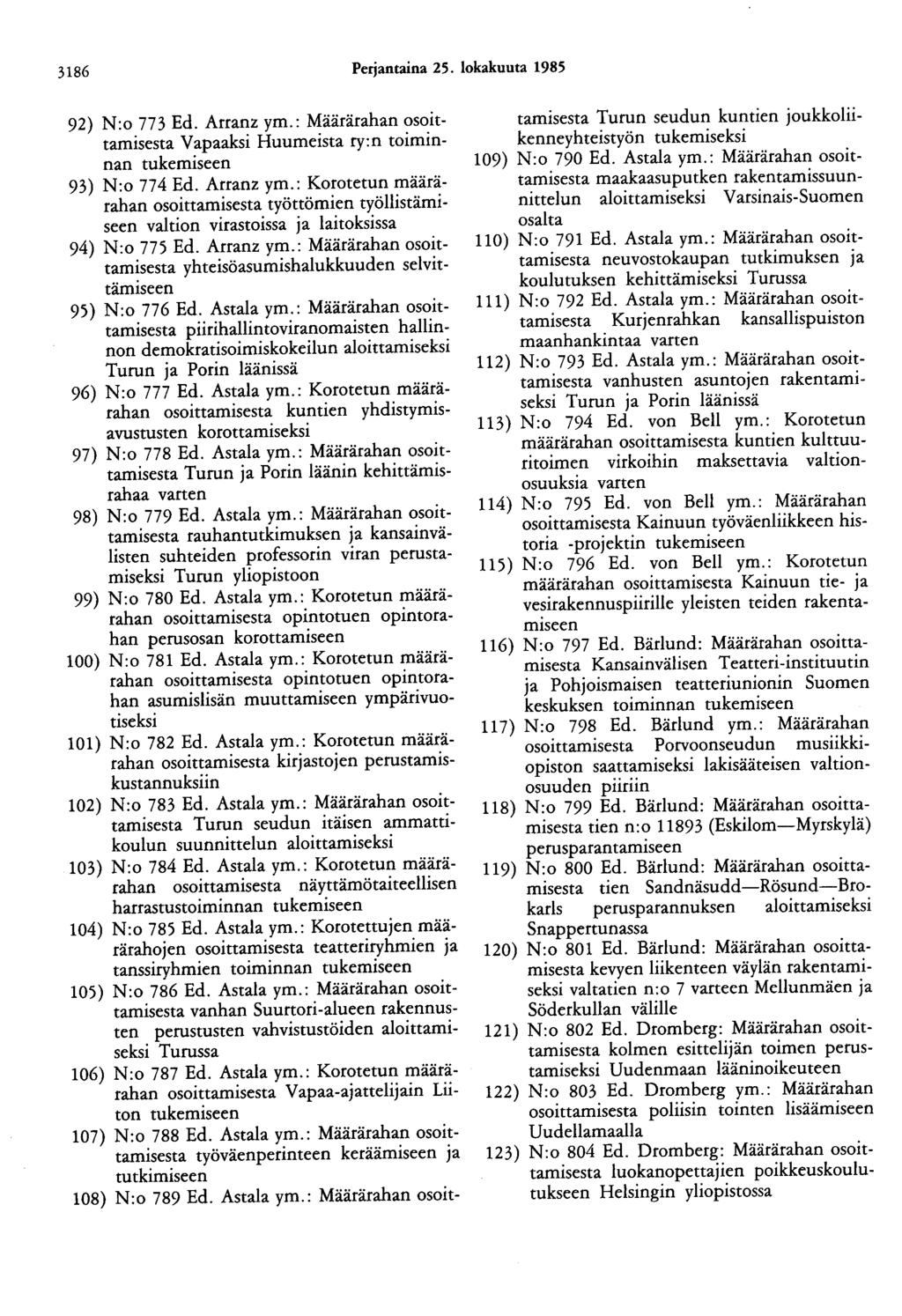 3186 Perjantaina 25. lokakuuta 1985 92) N:o 773 Ed. Arranz ym.: Määrärahan osoittamisesta Vapaaksi Huumeista ry:n toiminnan 93) N:o 774 Ed. Arranz ym.: Korotetun määrärahan osoittamisesta työttömien työllistämiseen valtion virastoissa ja laitoksissa 94) N:o 775 Ed.
