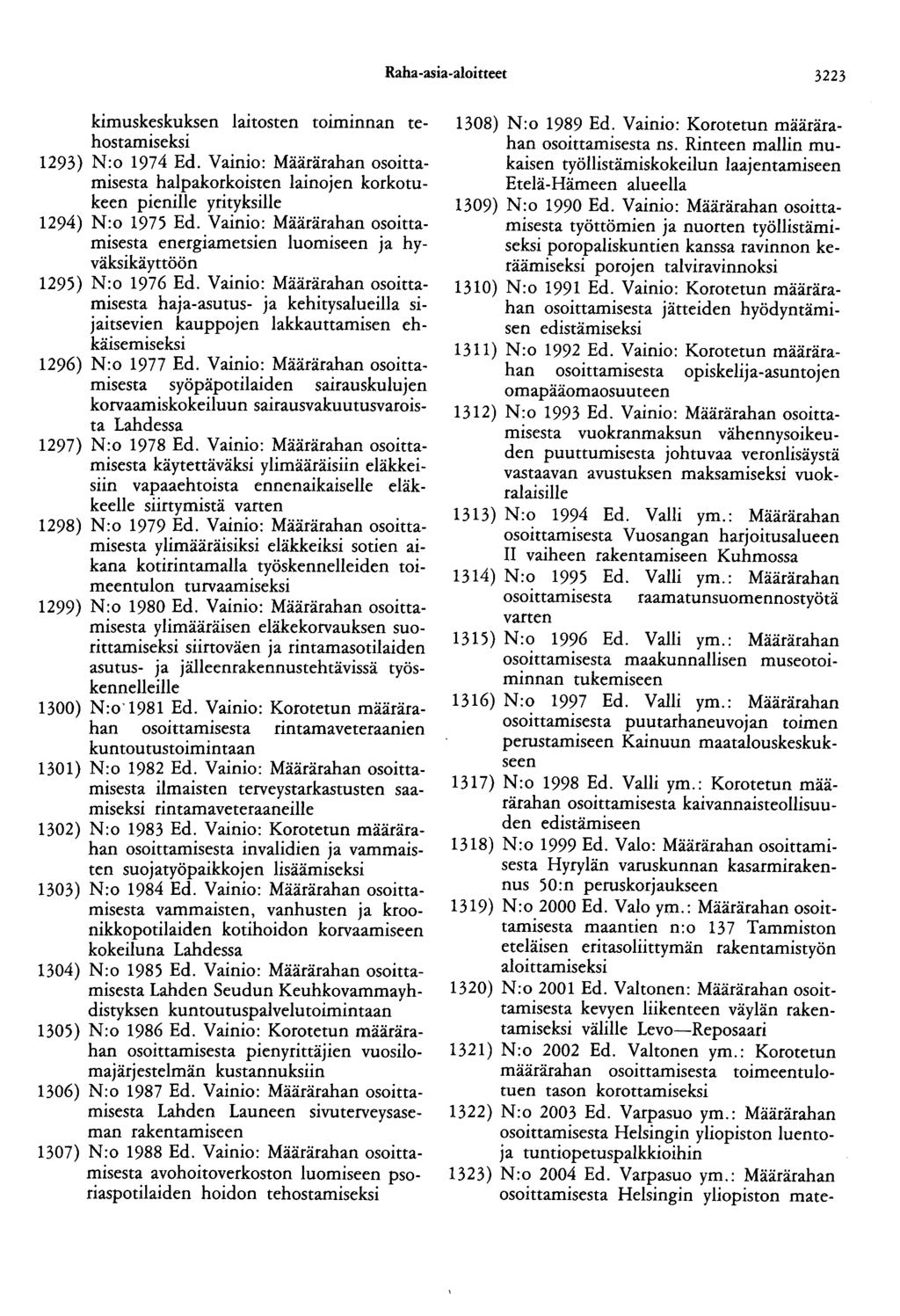 Raha-asia-aloitteet 3223 kimuskeskuksen laitosten toiminnan tehostamiseksi 1293) N:o 1974 Ed.