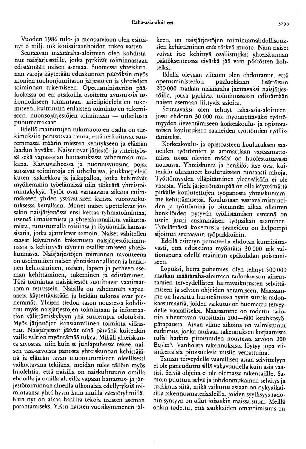 Raha-asia-aloitteet 3255 Vuoden 1986 tulo- ja menoarvioon olen esittänyt 6 milj. mk kotisairaanhoidon tukea varten.