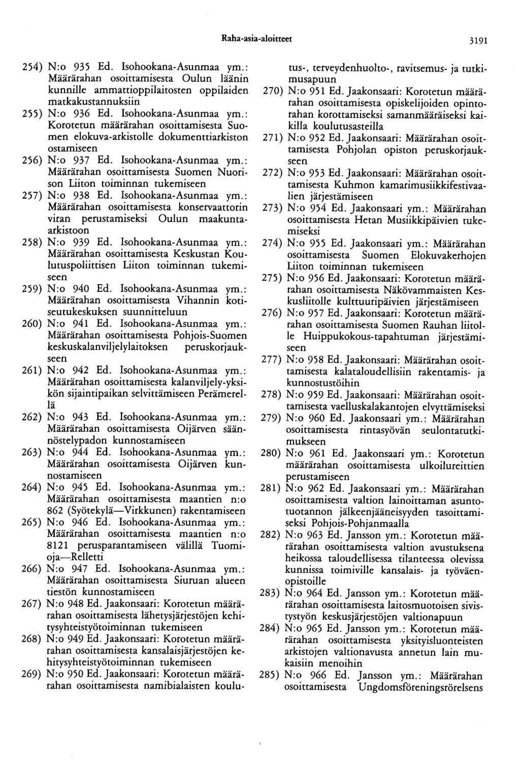 Raha-asia-aloitteet 3191 254) N:o 935 Ed. Isohookana-Asunmaa ym.: Määrärahan osoittamisesta Oulun läänin kunnille ammattioppilaitosten oppilaiden matkakustannuksiin 255) N:o 936 Ed.