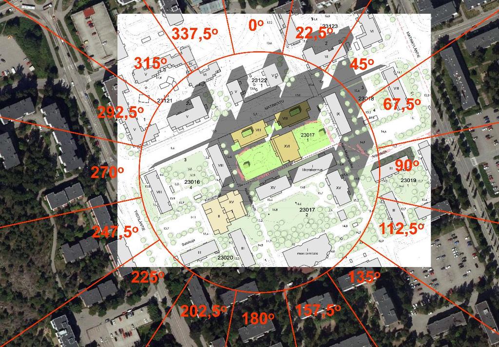 Ylittäien tuulien osuus 7 Kua 7: Tuulensuunnan sektorit kohteessa (kua muokattu Espoon kaupungin ja SARC Arkkitehtitoimiston aineistoista).