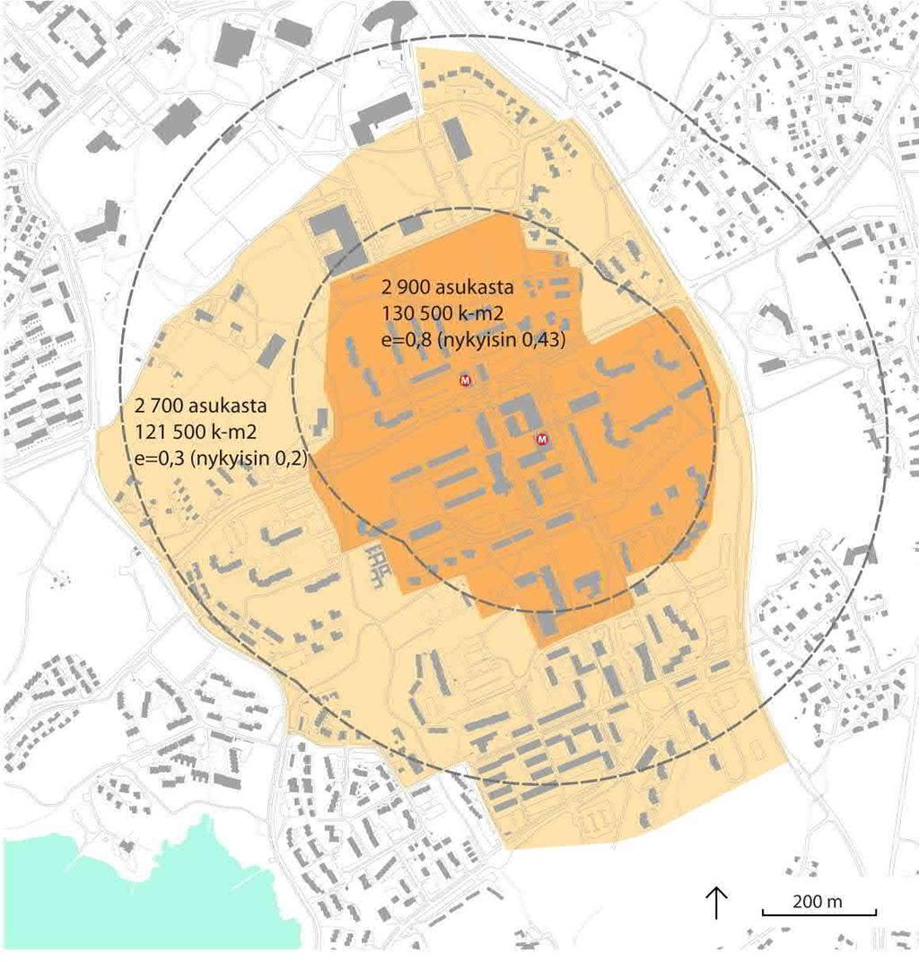 Yleiskaavan asukastavoitteet Uusia asukkaita yhteensä: 5 600 (252 000 k-m²) 300 m säteellä metroasemasta: 2 900 asukasta (130 500 k-m²) aluetehokkuus 0,8 (nykyisin 0,43) 300 600 m etäisyydellä