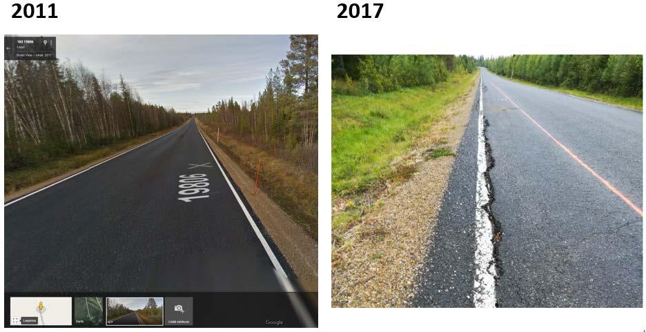 on syntynyt erisuuntaisia halkeamia, joista selkeimmät sijaitsee tien pituussuuntaisesti reunalla molemmin puolin (kuva 10b oikealla). Kuvat 10a ja 10b.