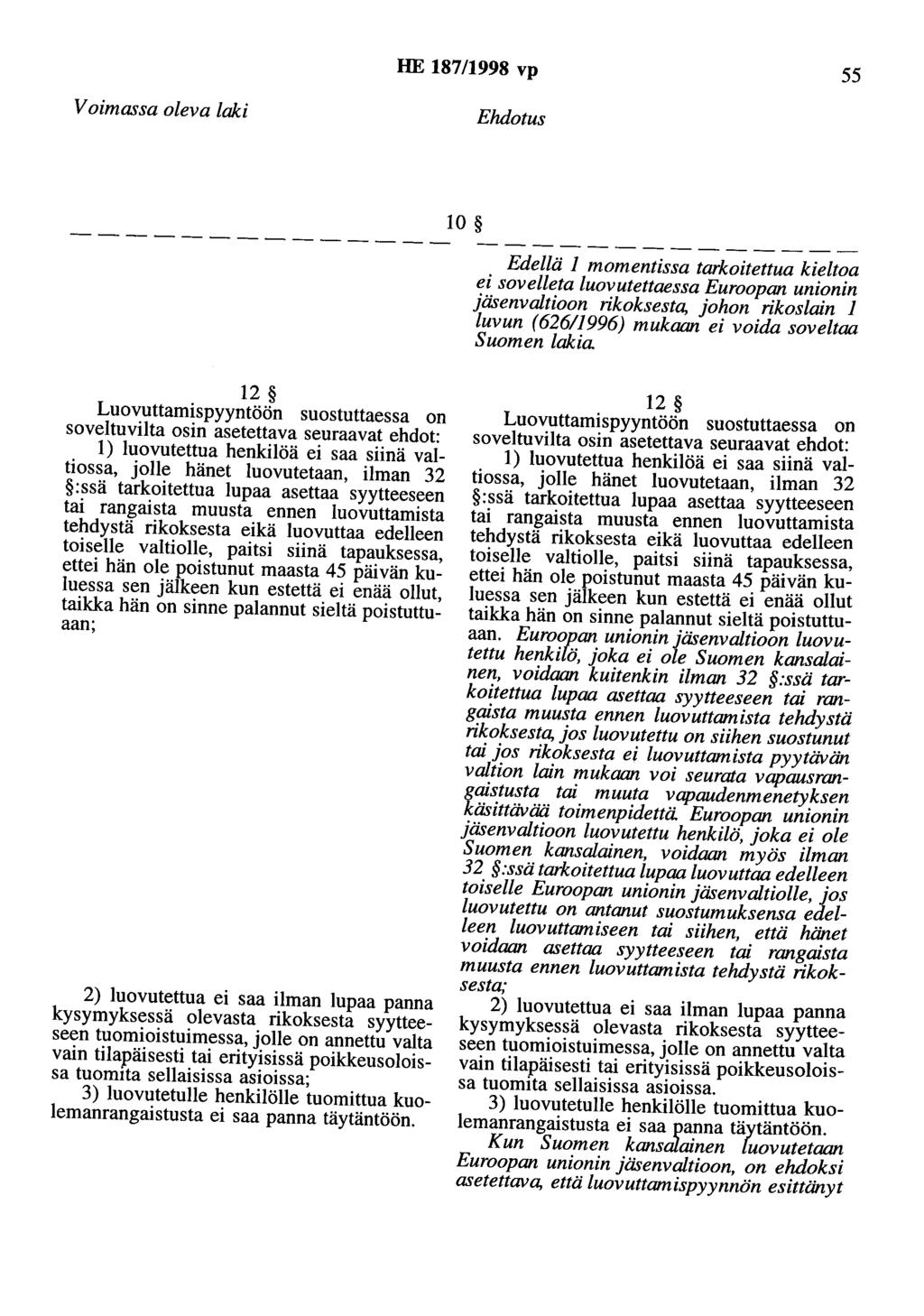 HE 187/1998 vp 55 Voimassa oleva laki Ehdotus 10 Edellä 1 momentissa tarkoitettua kieltoa ei sovelleta luovutettaessa Euroopan unionin jäsenvaltioon rikoksesta, johon rikoslain 1 luvun (626/1996)