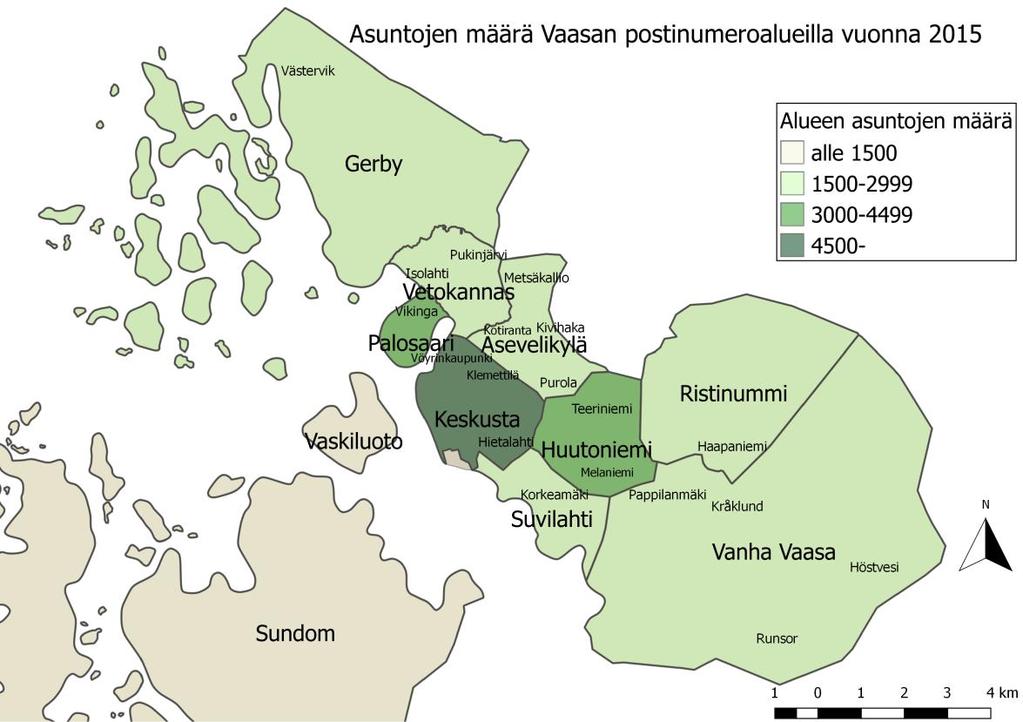 44 Kuva 1. Asuntojen lukumäärä Vaasan postinumeroalueilla vuonna 2015 (Tilastokeskus 2017c).