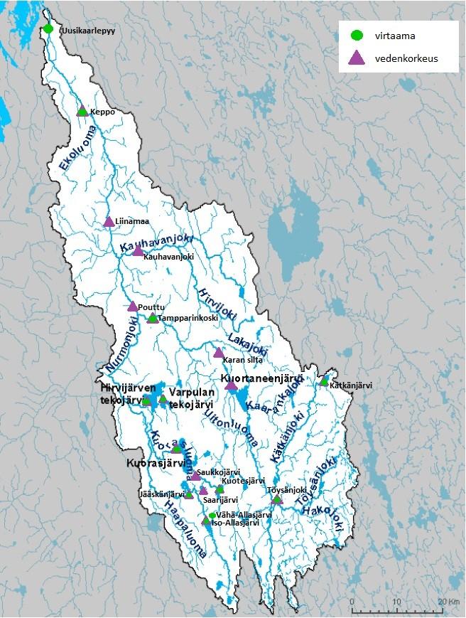 25 Kuva 7. Keskeiset vedenkorkeus- ja virtaamahavaintoasemat Lapuanjoella vuonna 2011. (mukaillen Etelä-Pohjanmaan ELY-keskus 2015, s.