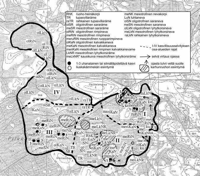 35 (55) Kuva 12. Pilkkasuon kasvillisuustyypit (Rehell 1999). Pilkkasuon inventoidulla alueella ei esiinny luonnonsuojelulain (LSL 29 ) mukaisia suojeltavia luontotyyppejä. Vesilain (1.