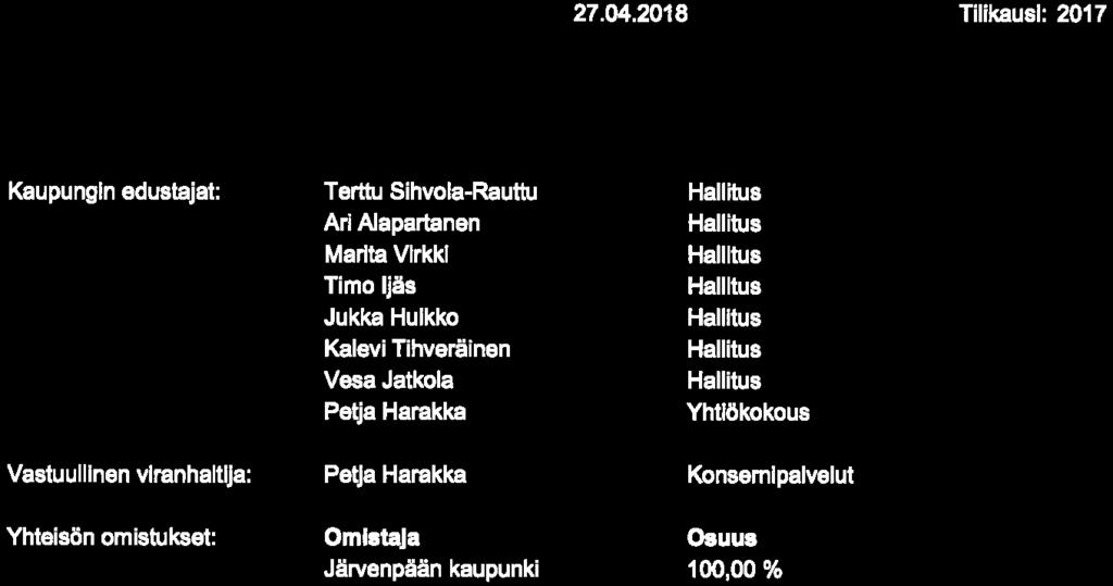 . 2.2018) Toteuma Järvenpään kaupunginvaltuusto päätti 30. 1. 201 7 3 perustaa ateria ja siivouspalveluyhtiön ("Jatsi") 2 500 euron peruspääomalla.