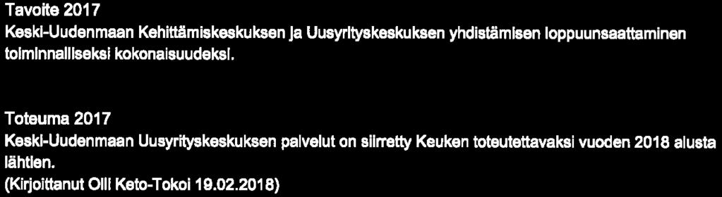 ) Toteuma Keskl-Uudenmaan Uusyrityskeskuksen palvelut on siirretty Keuken toteutettavaksi vuoden 2018 alusta lähtien. (Kirjoittanut Olli Keto-Tokoi 19.02.2018) (Kli]oltlanut Klral Rinne 2. 3.