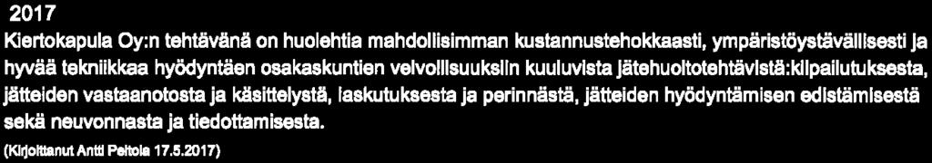 ) Tavoitteet ja toteuma vuodelle Tavoite 1 )Seurataan yhteisessä tapaamisessa kerran vuodessa sitä miten Kiertokapulan jätteiden keräys toteutuu.