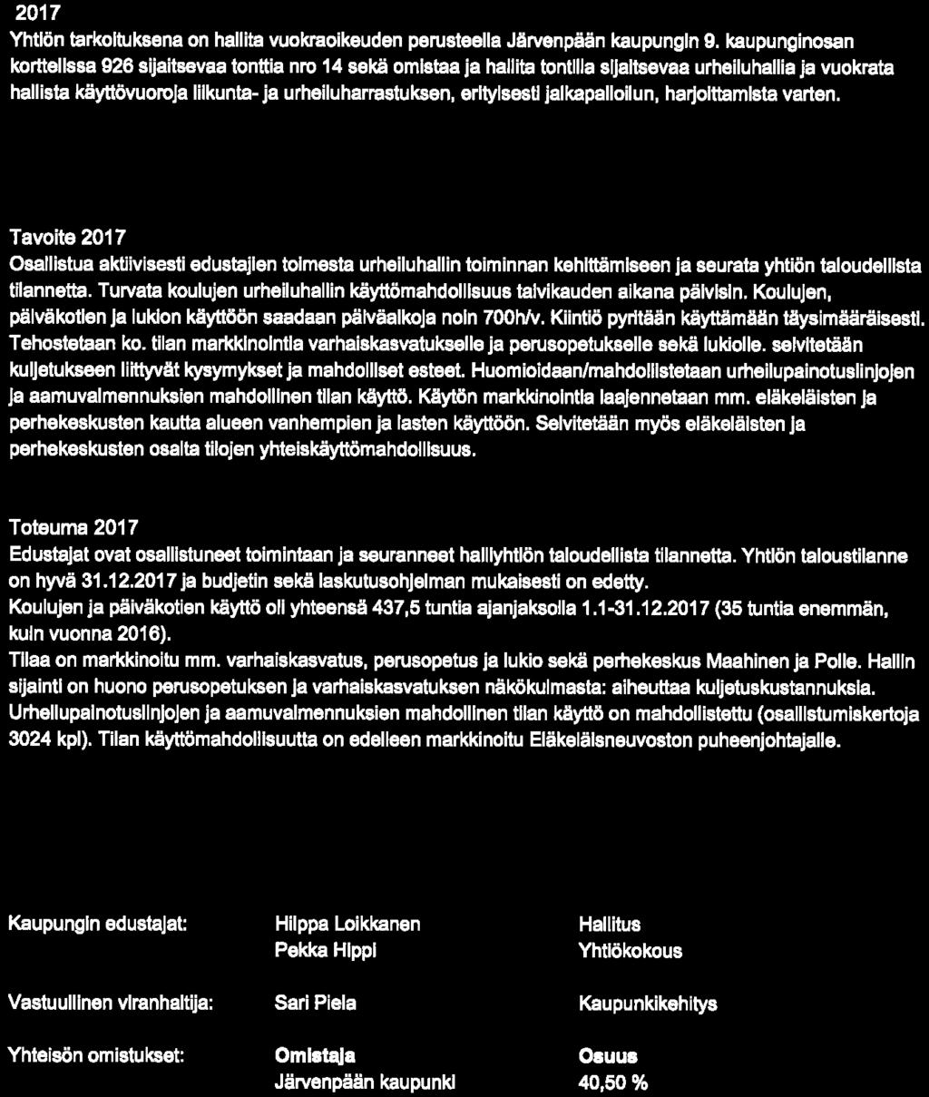 fcy! JÄRVENPÄÄ IllNVOINMItl» KWIITUUW«*U»UNKI 27. 04. 2018 Tilikausi: 8,00% Yhtiön tarkoituksena on hallita vuokraoikeuden pemsteella Järvenpään kaupungin 9.