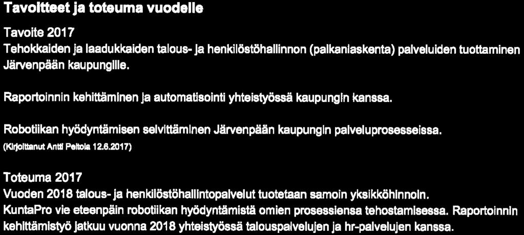 Raportoinnin kehittäminen Ja automatisointi yhteistyössä kaupungin kanssa. Robotiikan hyödyntämisen selvittäminen Järvenpään kaupungin palveluprosesseissa. (Klijoltttnut Anu Pelcla 12. 6.