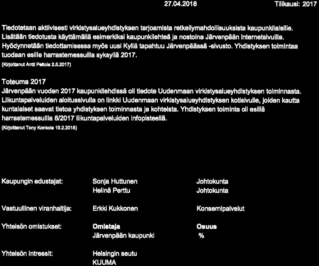 Yhdistyksen toimintaa tuodaan esille harrastemessuilla syksyllä. (KlifoltBnut Anu Peltola 2. 6.) Toteuma Järvenpään vuoden kaupunkllehdlssä oli tiedote Uudenmaan virkistysalueyhdlstyksen toiminnasta.